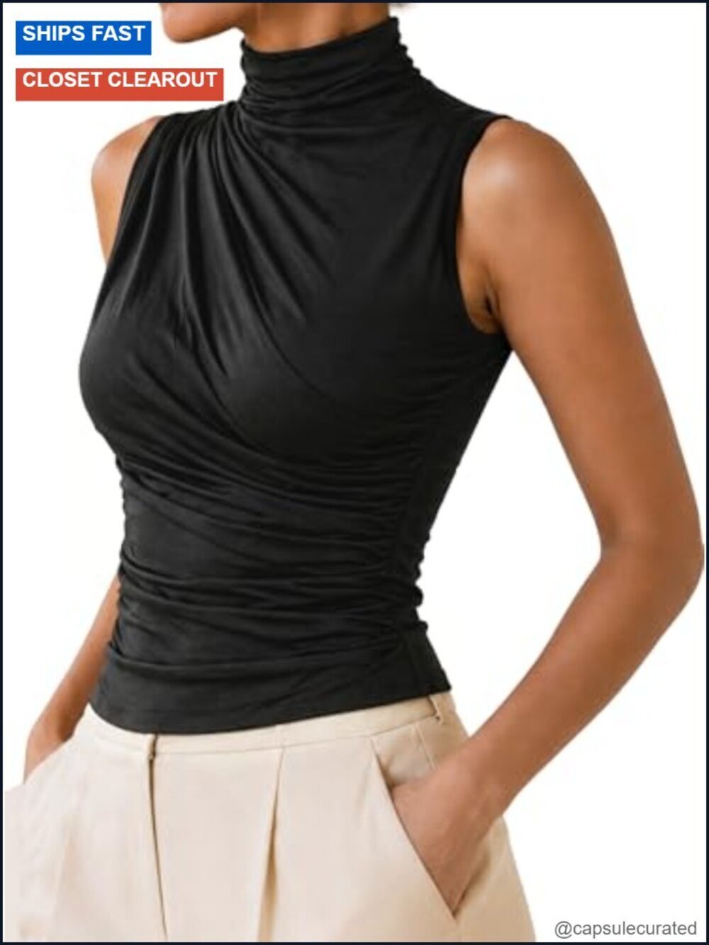 Sleeveless Mock Neck Ruched Tank Top - Fitted Silhouette